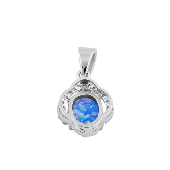 Sterling Silver Elegant Blue Lavender Lab Opal Oval Halo CZ Necklace Pendant New - Picture 3 of 4